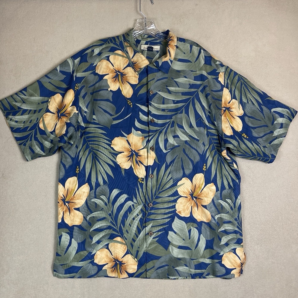 Tommy Bahama Shirt Mens L Silk Tropical Hibiscus Blue Floral Button-down EUC